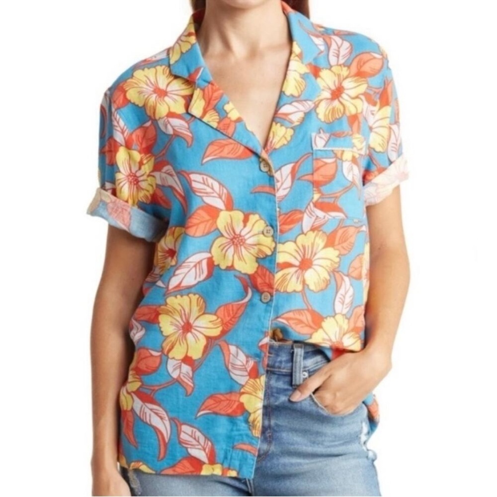 Faherty Hawaiian Shirt SDH X Max Top L.A. Floral Button Up Linen Size 3 Large - Picture 2 of 14